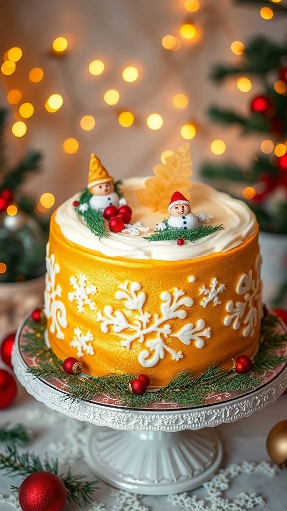 A golden Christmas cake decorated with white icing and festive designs on a cake stand.